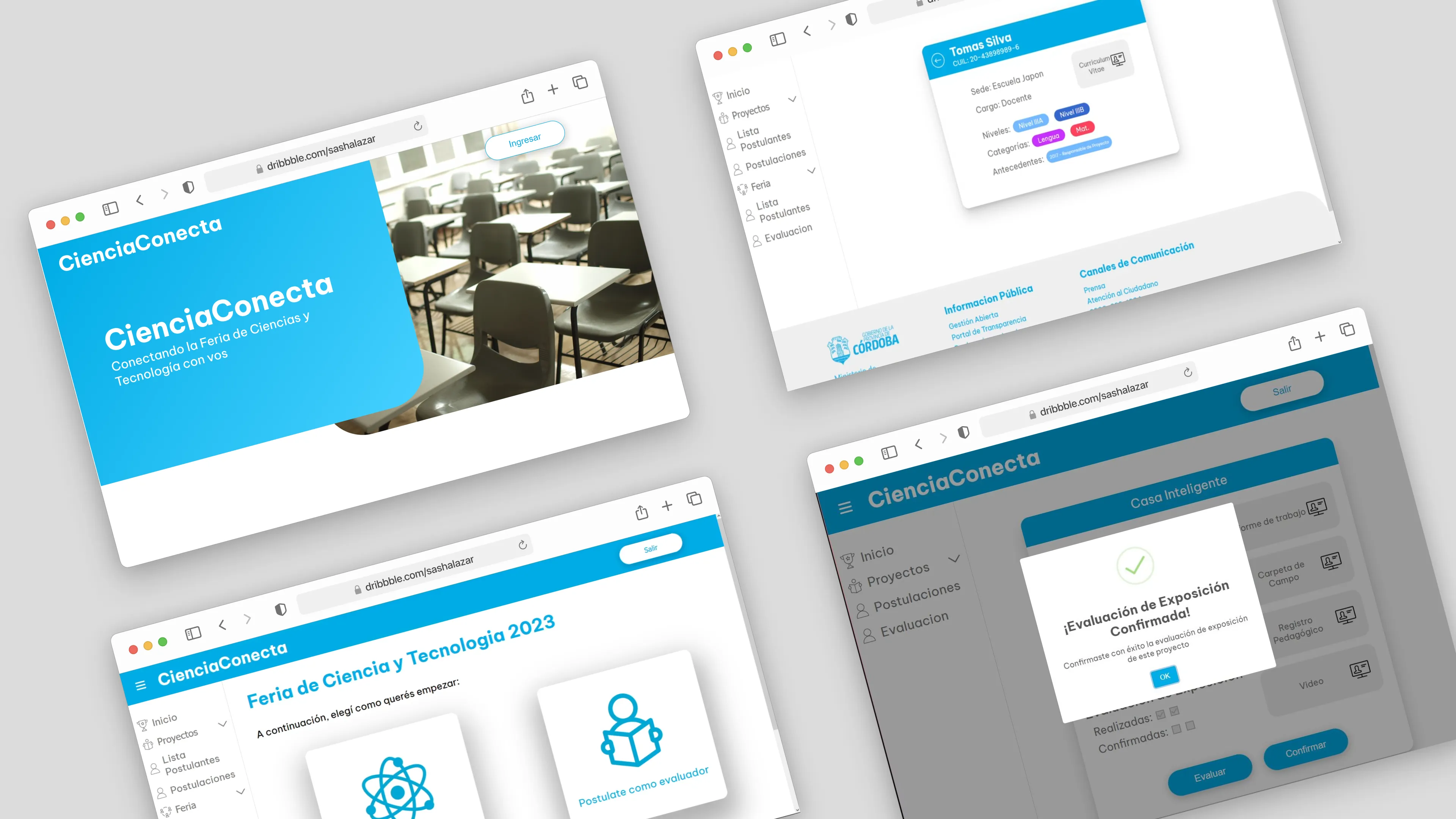 Pantallas de CienciaConecta: portada, ficha de evaluador, postulación y confirmación de una evaluación