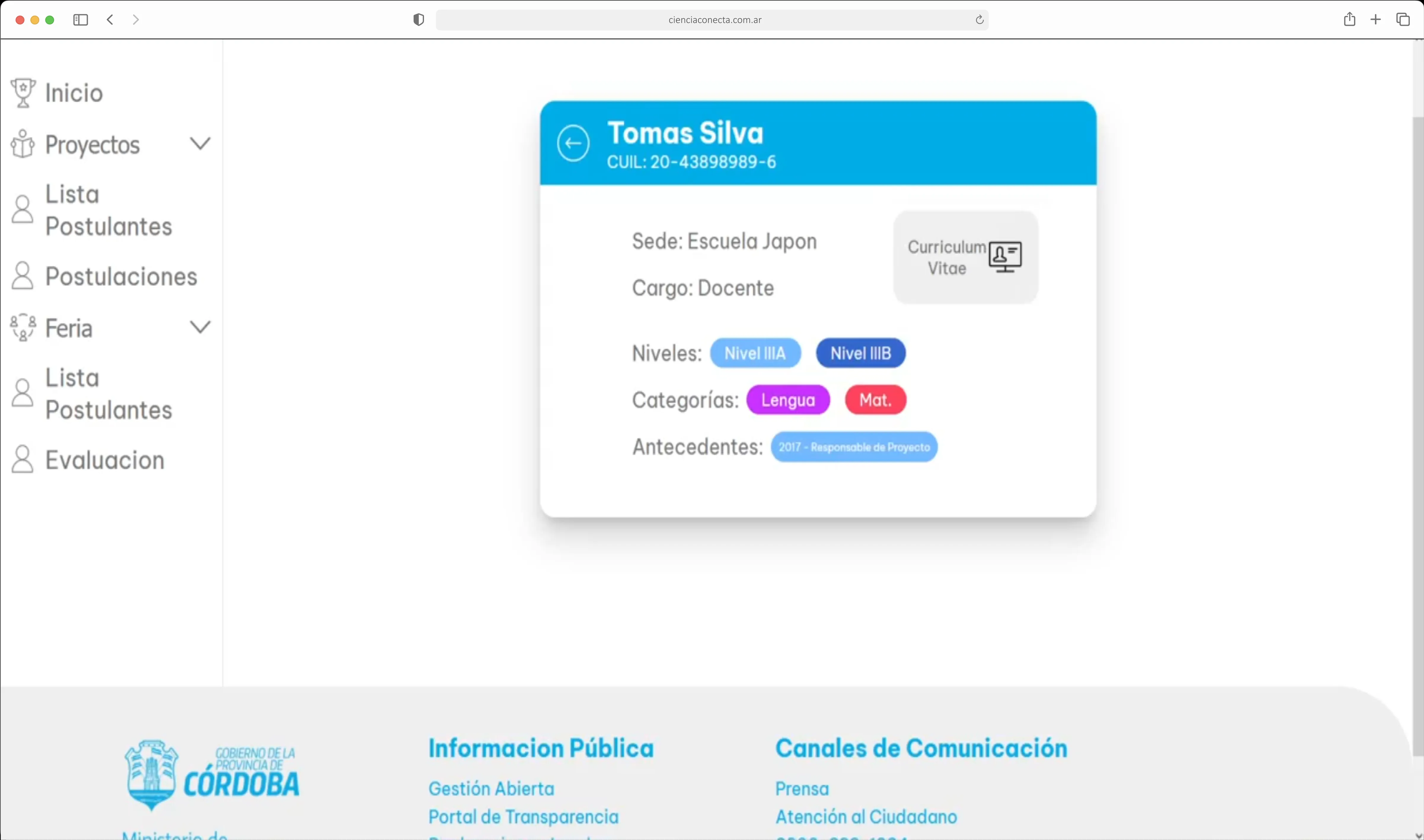 Ficha de un postulante a evaluador con sede, cargo, niveles y categorías