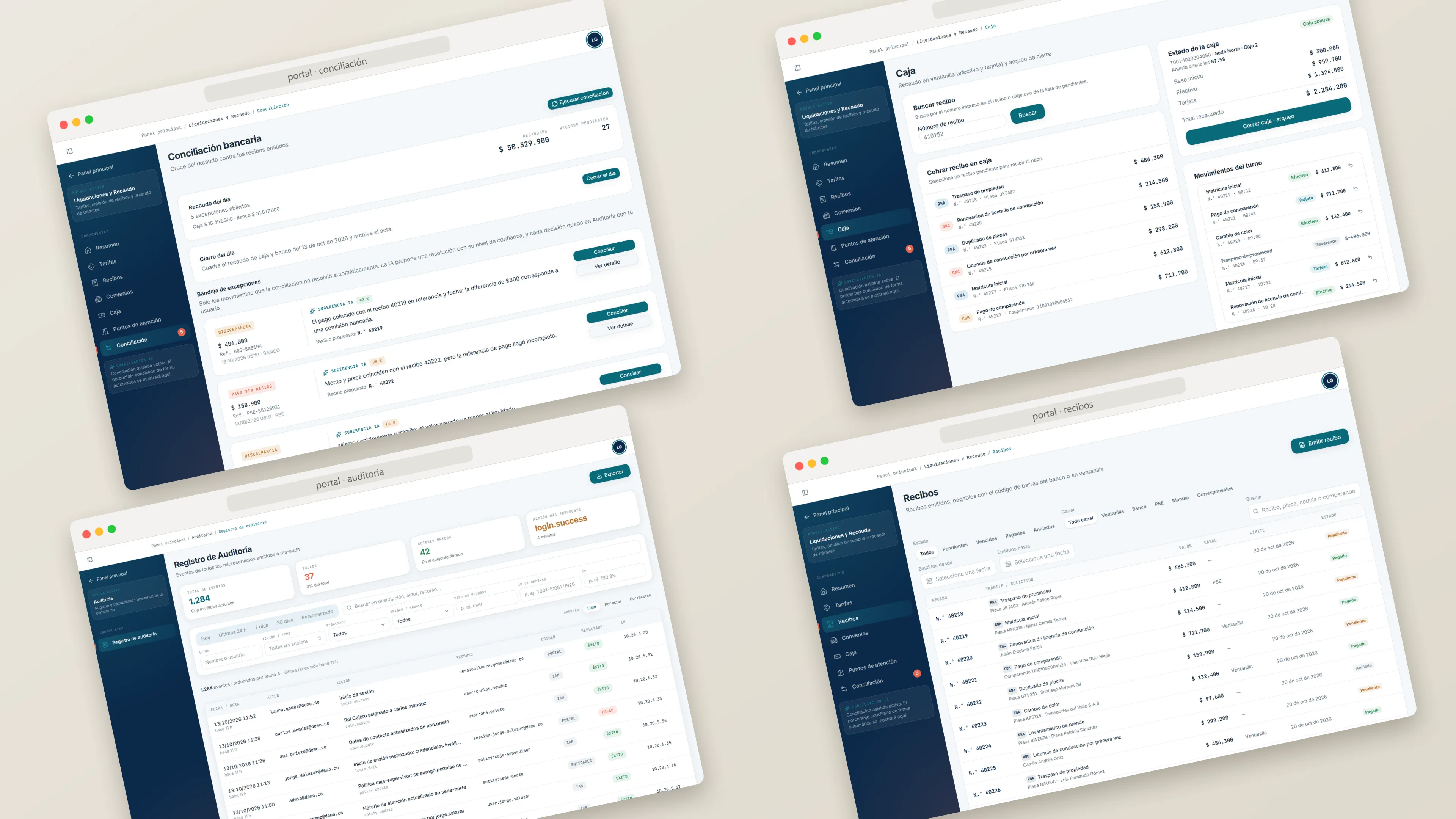 Pantallas del portal con datos de ejemplo: conciliación bancaria, caja, auditoría y recibos