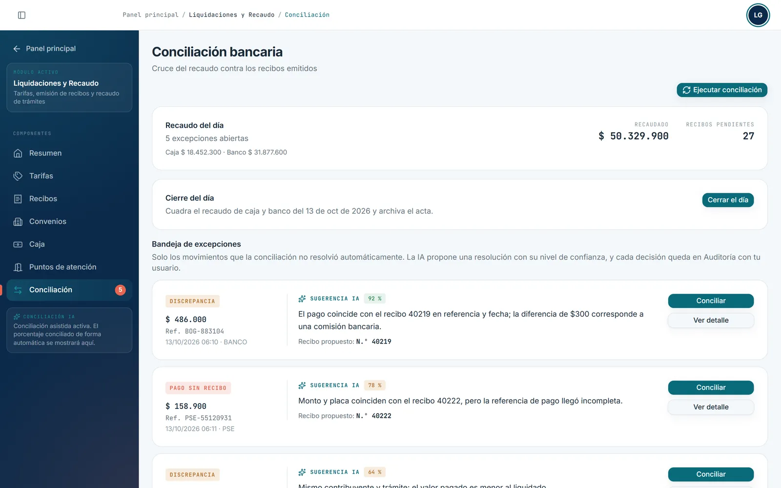 Cola de excepciones de la conciliación: cada pago sin resolver con la sugerencia de la IA y su nivel de confianza