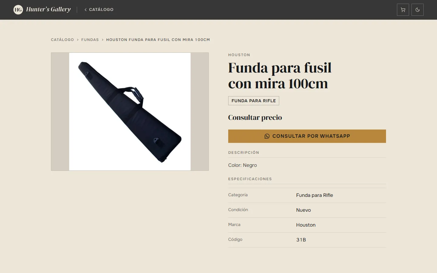 Ficha de una funda con especificaciones y botón para consultar por WhatsApp